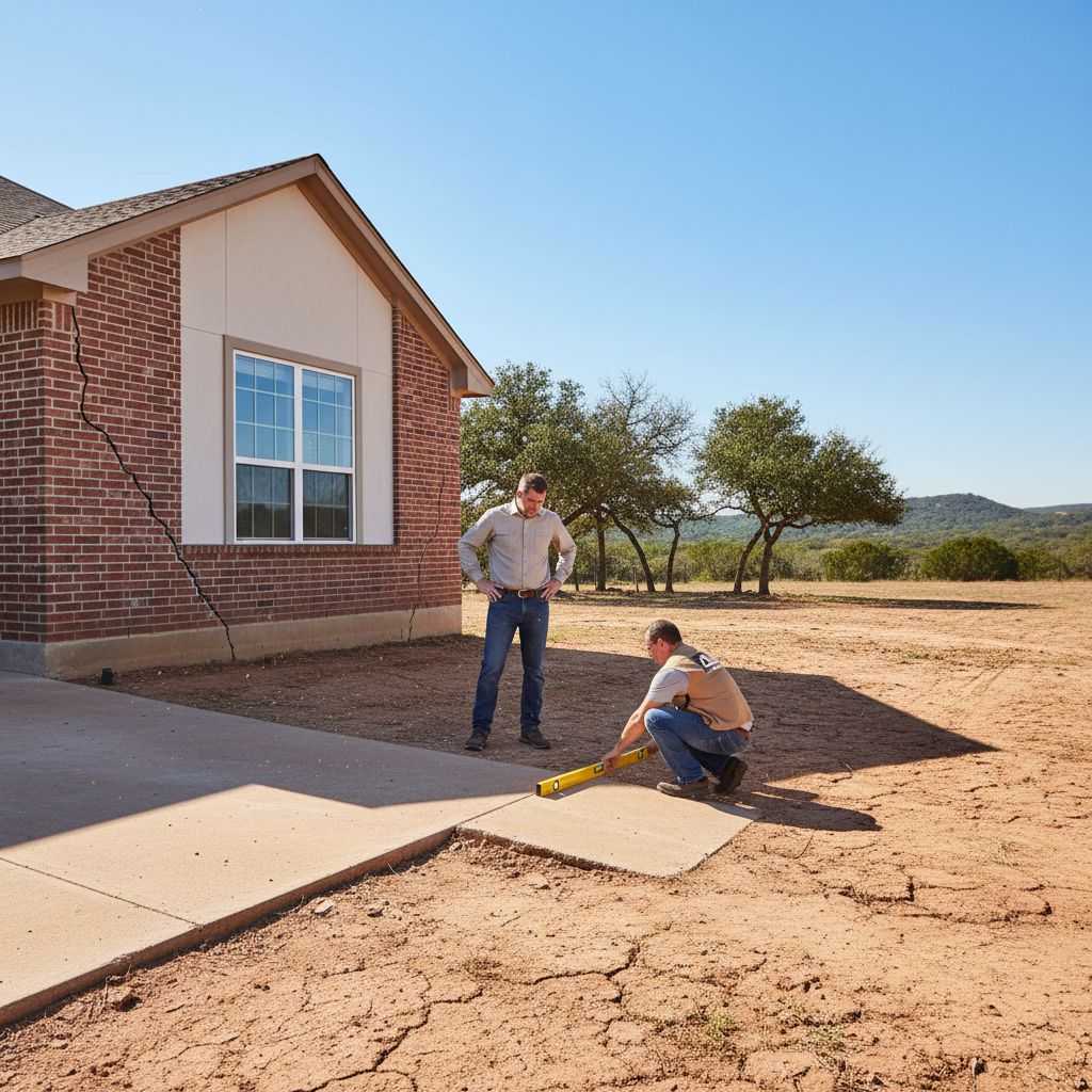 Professional scene of a Texas home with foundation issues, featuring a homeowner and inspector using tools to assess cracks and settling on the driveway and walls amid clay soil and oak trees.